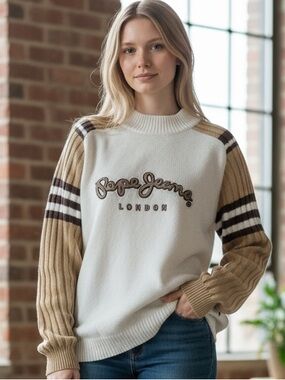 Pepe Jeans Y2K Women’s Sweater White High Neck Embroidery Patch Logo Size Small
